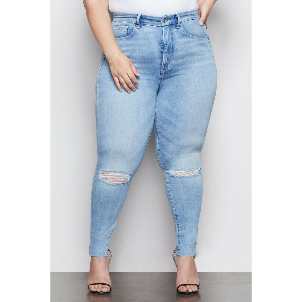 Good American Good Waist Crop Fray Hem Denim Jeans 16 Light Blue Wash Distressed